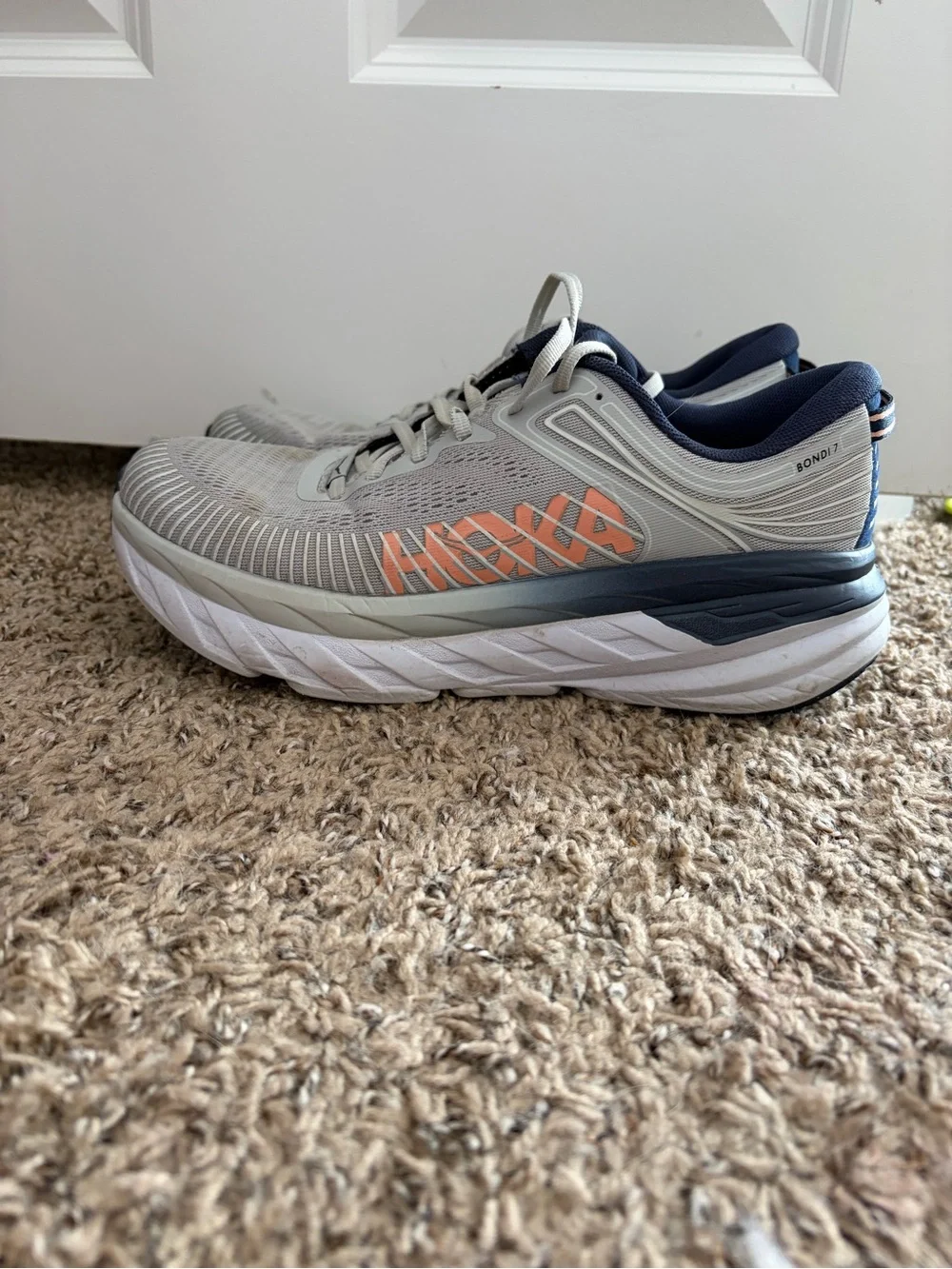 Hoka One One Women’s Light Gray & Navy with Orange Accents Running Shoes